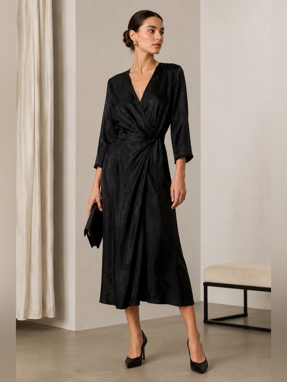 & Other Stories Women Satin Black Dress 3/4 Sleeve Size 2 Floral Wrap Midi Tie